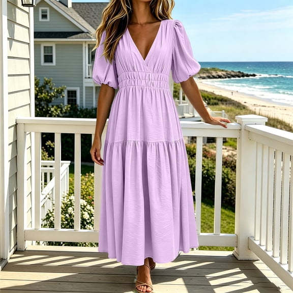 Aimik Women's Deep V-Neck Puff Short Sleeve Tiered Maxi Dress Smocked Waist Boho A-Line Vacation Dress