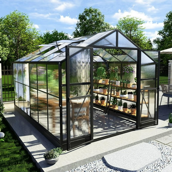 Jocisland 8x12x7 ft Polycarbonate Greenhouse with Quick Connector, Vents, Swing Lockable Door, Black