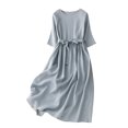 thumbnail image 2 of Puntoco Vestido Casual De Mujer De Color Sólido Suelto De Algodón Y Lino Plisado Con Cordones Plisado De Manga Corta Con Cuello Redondo Azul Claro Xl,Regalos Para Mujer Joven, 2 of 8