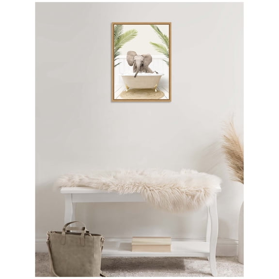 Kate and Laurel Baby Elephant 3 in Palms Bathtub Framed Canvas Wall Art by Amy Peterson 18 x 24 Sylvie Natural, Whimsical, Animals, Bathroom, Tropical Art for Wall Decor, Living Room, Bedroom