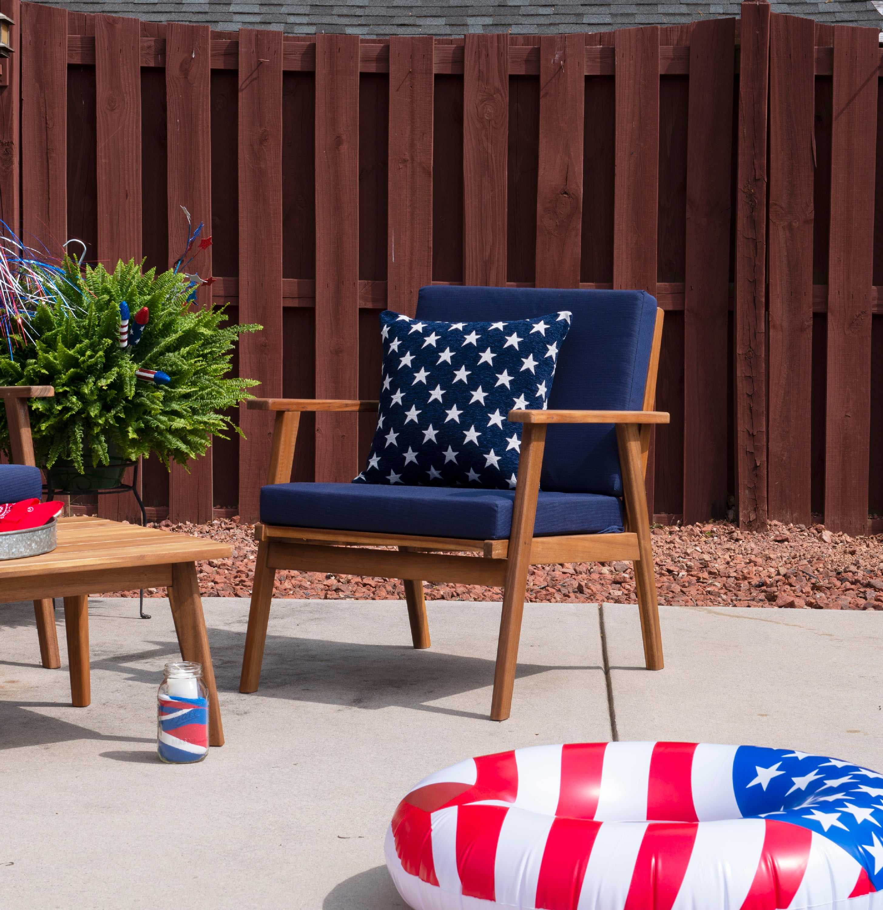 Linon Lathan 4-Piece Acacia Outdoor Conversation Set with Coffee Table, Loveseat & Chairs, Walnut/Dark Blue