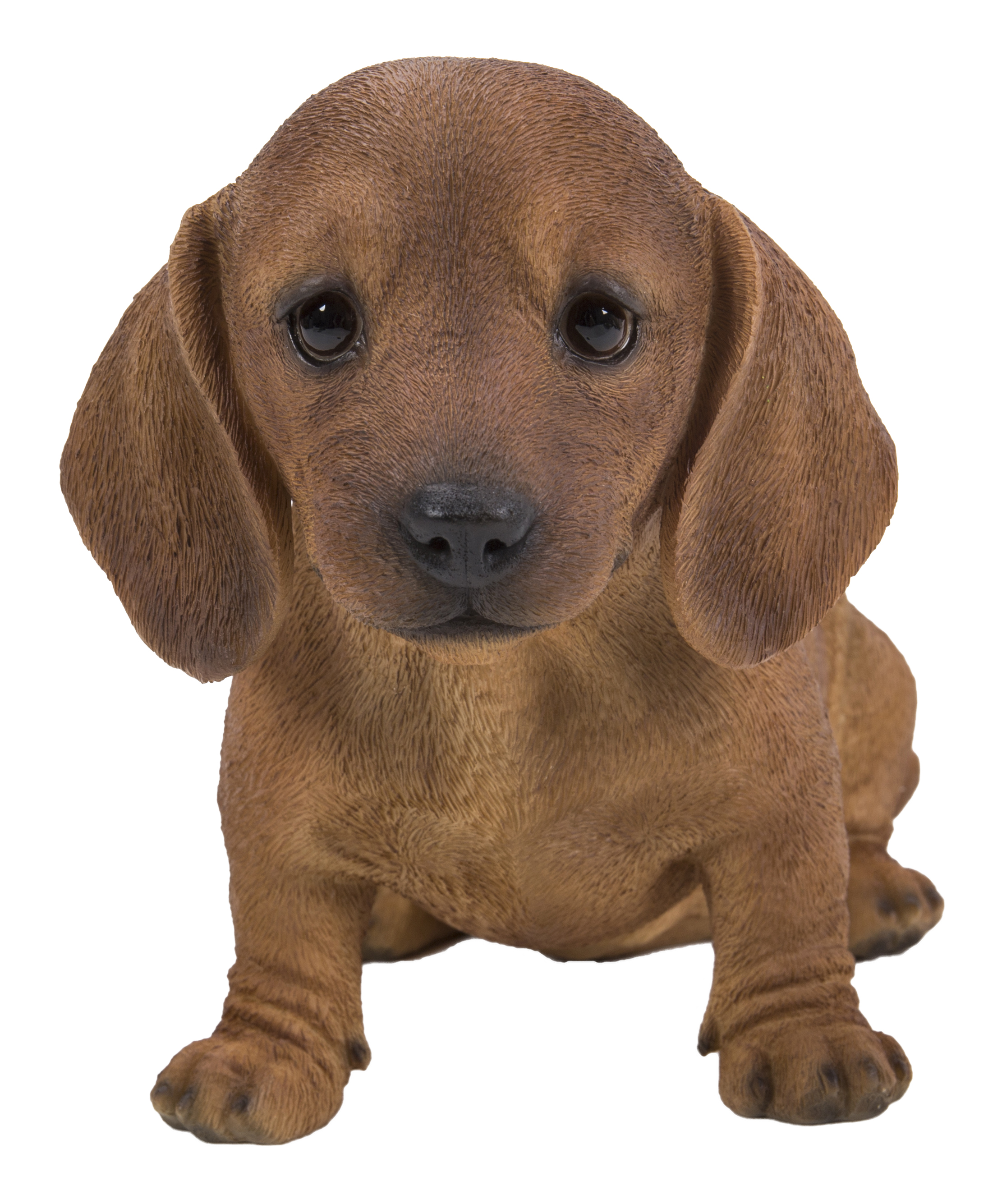 Black and brown dachshund figurine lying on a blue fringe rug realistic