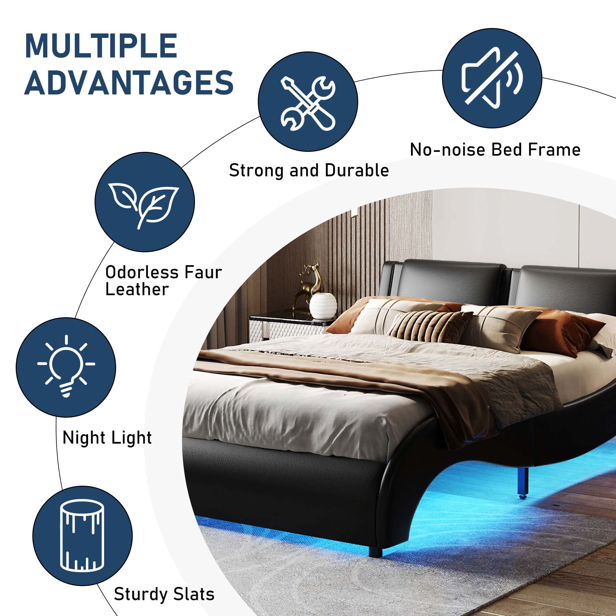 Aukfa Faux Leather Queen Upholstered LED Platform Bed Frame with Headboard, 16 LED Light Bed - Black