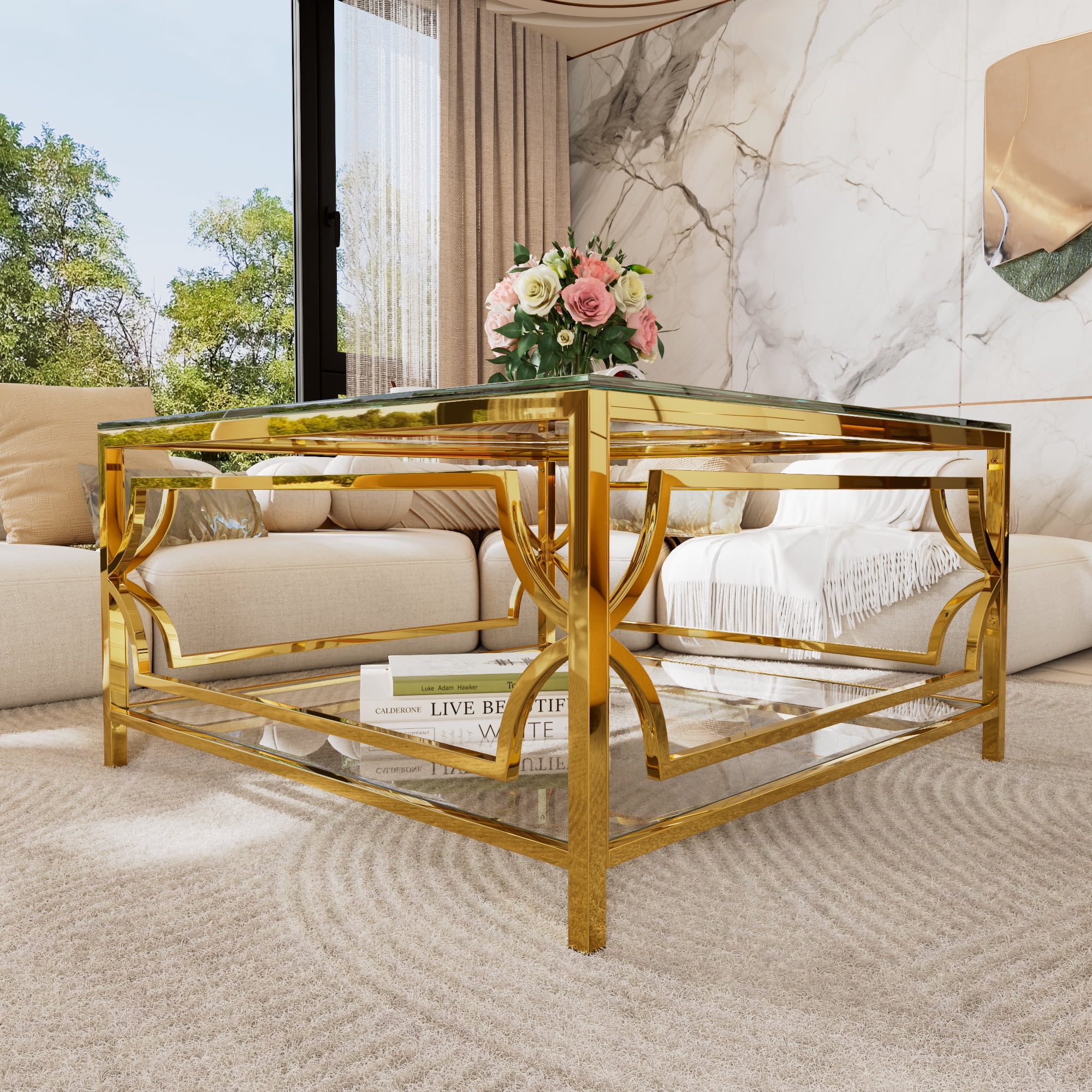 Square Glass Coffee Table in 33.5",Luxurious Geometric Metal Frame,Gold Finish & Lower Shelf