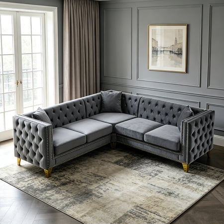 AUU 82.2-Inch Velvet L-Shaped Corner Sectional Sofa, 5-Seater Couch with 3 Cushions for Living Room, Bedroom, Apartment or Office