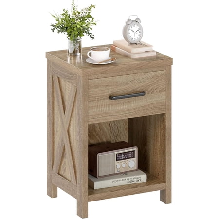 JIANYI Farmhouse Nightstand with Drawer Bedside Table with Open Compartment Sofa Side Table with Shelf for Small Space End Table for Bedroom (Natural 1)