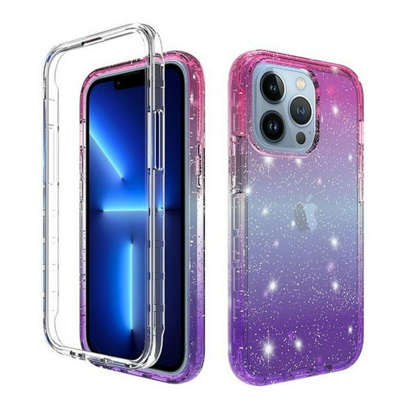 For Apple iPhone 13 Pro Max (6.7") Clear Gradient Glitter Bling Sparkly Hybrid Hard TPU Bumper and Front Frame Drop Phone Case Cover by Xpression [Pink Purple]