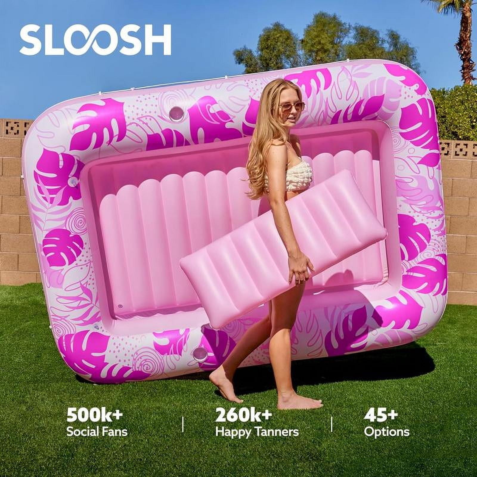 Sloosh-L/XL Inflatable Tanning Pool Lounge Float With Cup Holder, 70“X46”/85″ x 57″ Extra Large Pool Floats Adult with Pillow, 4 in 1 Suntan Tub Raft Floatie, Sunbathing Bed Lounge for Water Blow