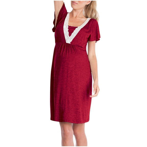 ShomPort Nursing Gowns For Breastfeeding Short Sleeve V Neck Solid Color Maternity Dress Maternity Sleepwear