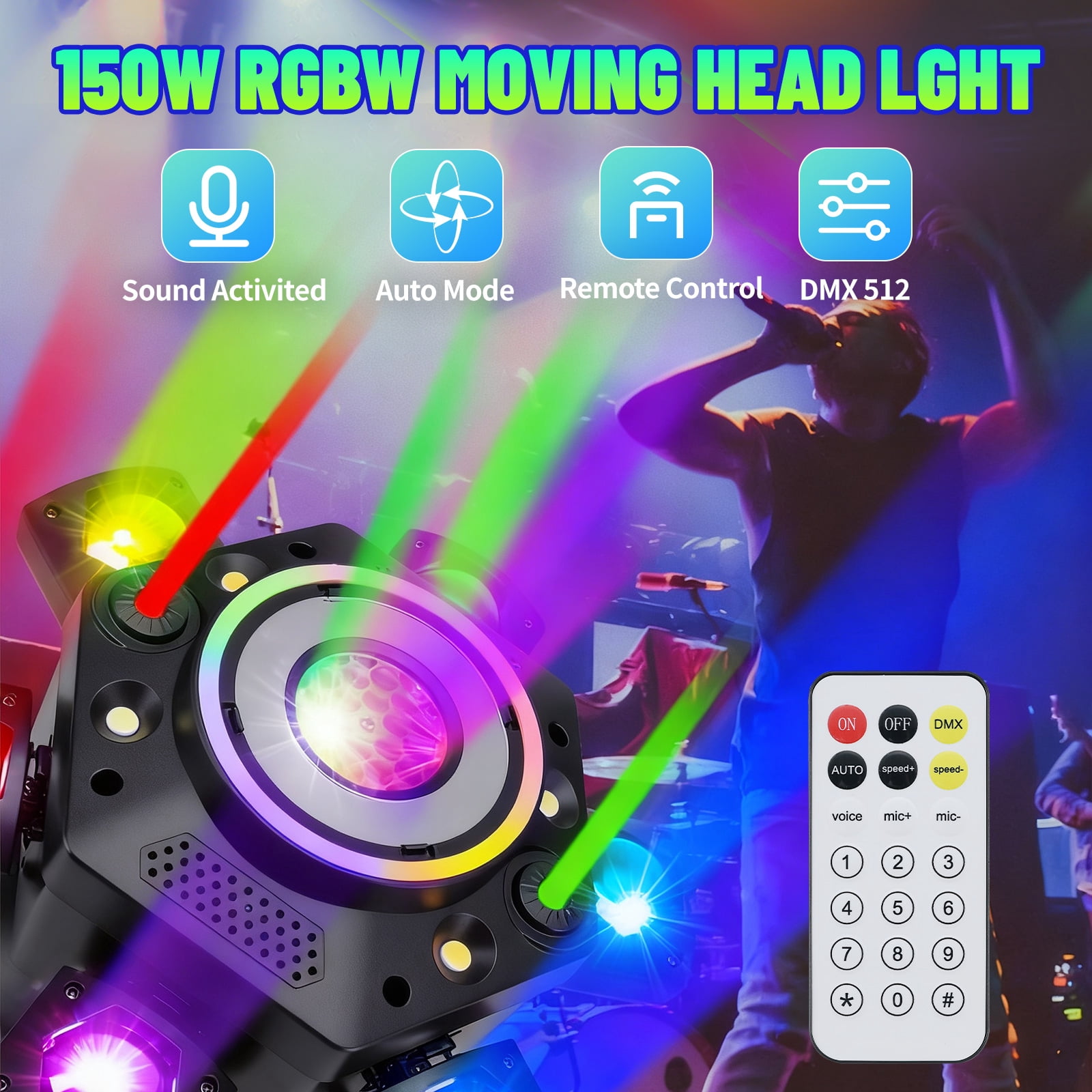 Moving Head DJ Lights,  6 Arm RGBW LED 150W Disco Stage Light with Mixed Lighting Effects, Sound Activated, DMX 512 Remote Control DJ Lights for Disco Club Wedding Party (Mixed Light)