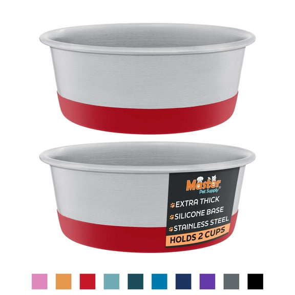 Master Pet Supply Stainless Steel Dog Bowls Set of 2 with Extra Thick Silicone Base - 2 Cup (16 oz) Crimson Red, Non-Slip, Dishwasher Safe Metal Bowls, Pet Dog Food Bowl for Dogs, Cats, Anti Rust