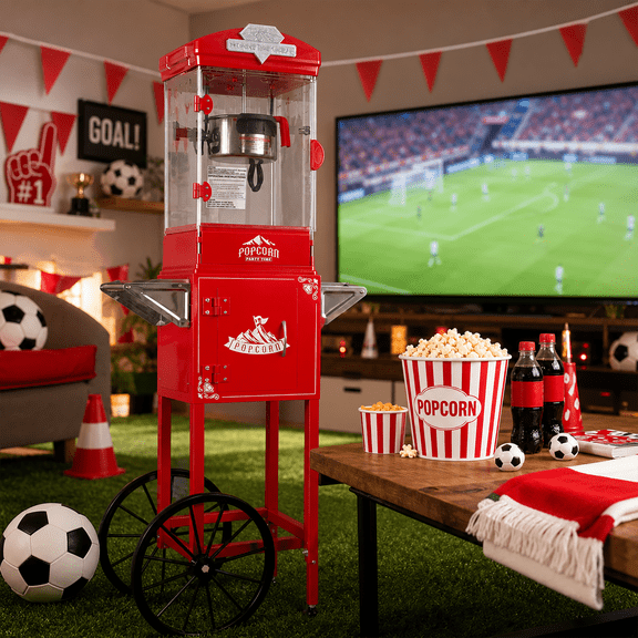10 Oz Popcorn Machine Cart with Wheel, Holaki Popcorn Maker Machine with Stainless-Steel Kettle Makes Up to 40 Cups, Popcorn Machine for Commercial Home Movie Theater, Red