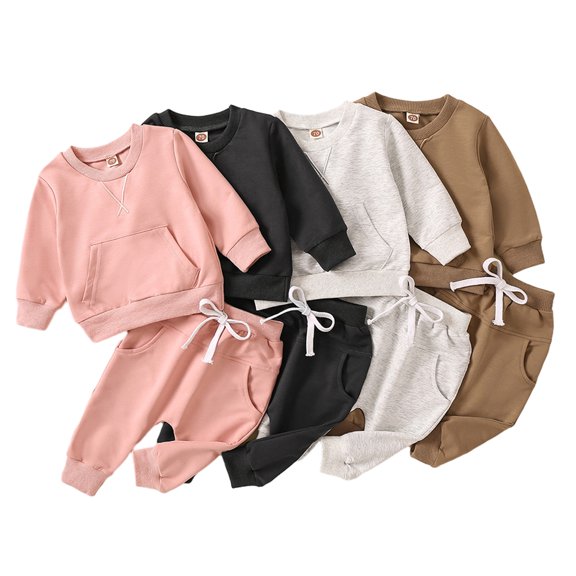LYMAYTER 2PCS Toddler Baby Sweatshirt Outfit for Boys Girls 0M-3T Infant Crewneck T-Shirt Top& Drawstring Pants Set Long Sleeve Solid Sweatsuit Set
