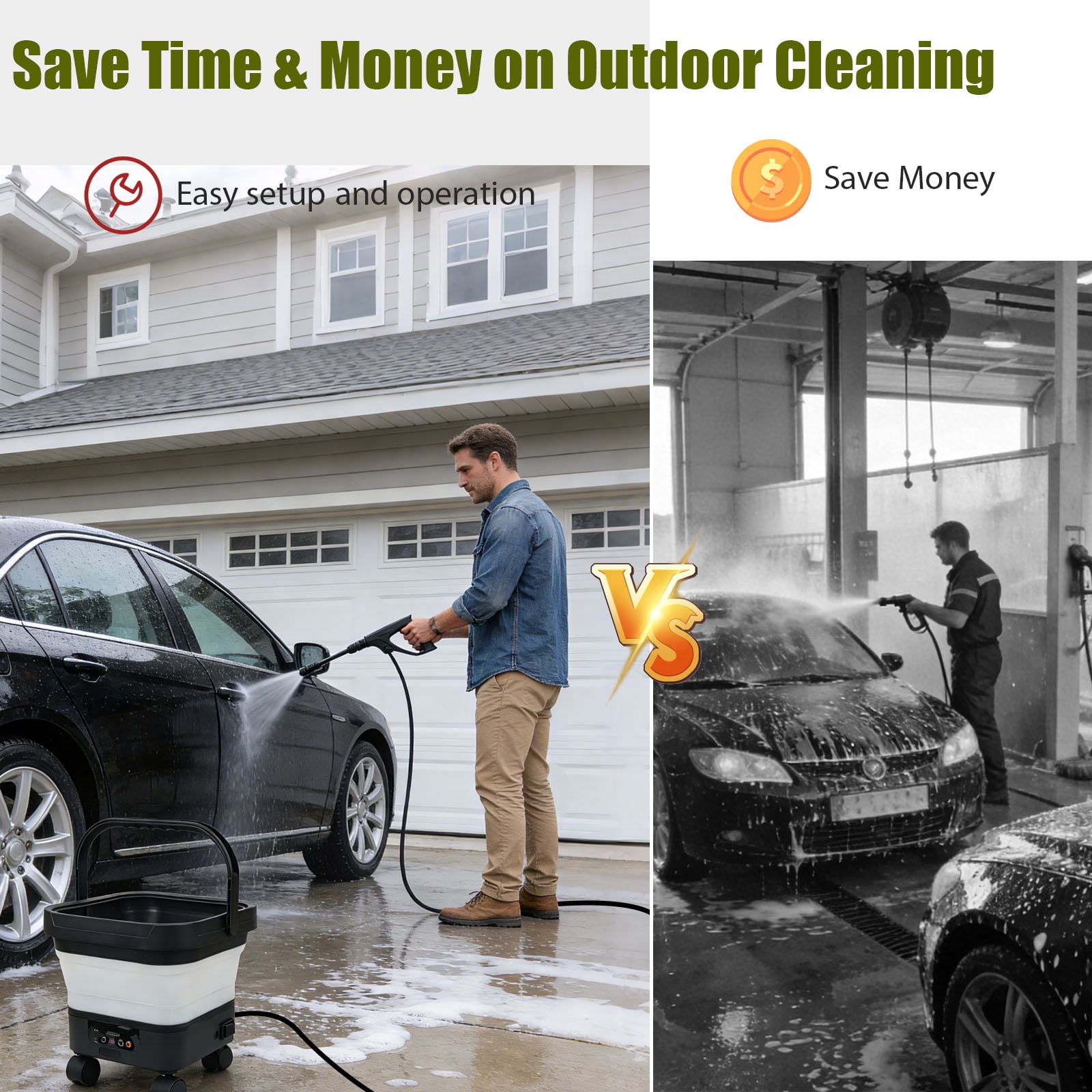 sunorchid Foldable Pressure Washer Electric Cordless w/3.4Gal Tank, 6-in-1 Nozzle, Max 580PSI, Portable Sprayer Washer for Car, Camping, Pet Cleaning, Garden