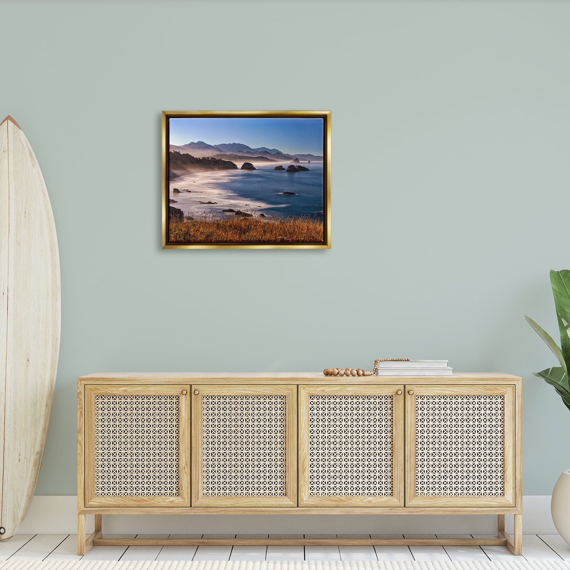 Stupell Rocky Shore Coastal Mountain Peaks Landscape Photography Gold Floater Framed Art Print Wall Art