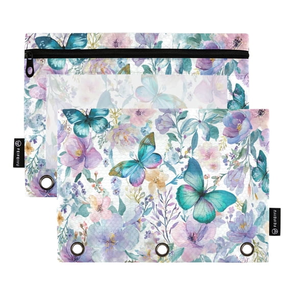 2 Pack 3 Ring Binder Pouch with Clear PVC Window Water Resistant Zipper Pencil Pouch Watercolor Butterflies Pattern Binder Pocket for Classroom Office Home Stationery Organization