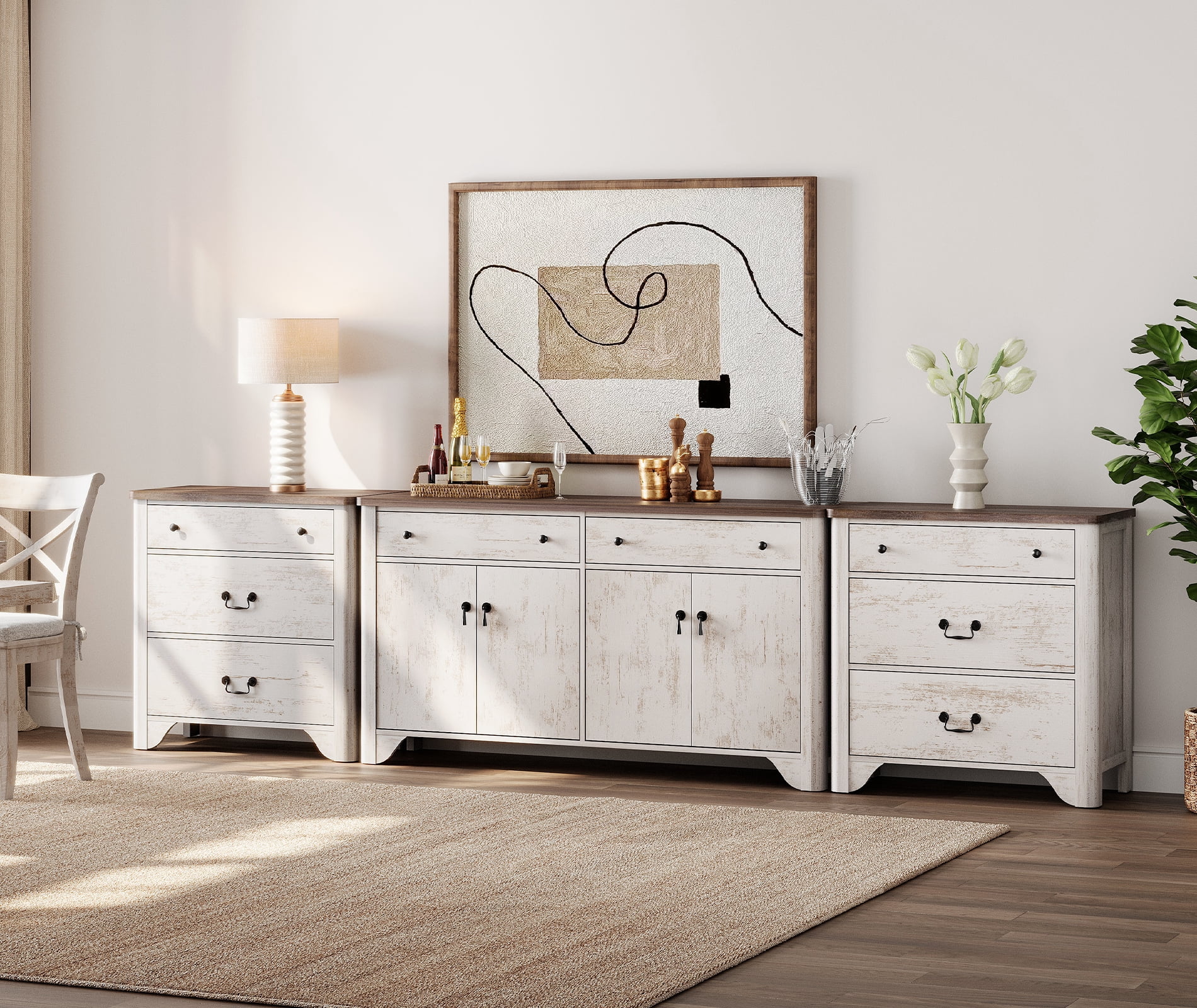 WAMPAT 59" Farmhouse Sideboard Buffet Cabinet with 3-Drawer Dresser Set of 2,Wood Coffee Bar Cabinet with Storage for Bedroom,Kitchen,Entryway,Hallway,and Living Room,White