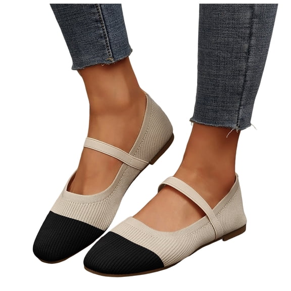 Rokment Color Block Knit Ballet Flat Dressy Shoes for Women Ladies Comfortable Lightweight Round Toe Ankle Strap Slip on Low Heels Walking Loafers Fall Casual Dress Dance Mary Jane Black Size 6.5