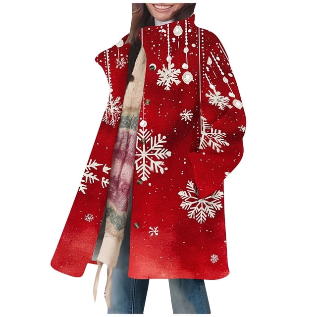 Lovzfmll Veste de Noël pour Femmes, Décontractée Chaude Imprimée Col Boutonné Manches Longues Rouge, 2TG