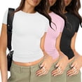 thumbnail image 2 of JFHHQ T-Shirt Basique Ajusté pour Femmes, Manches Courtes, Confort Décontracté, 3 Pcs MPink, 2 of 6