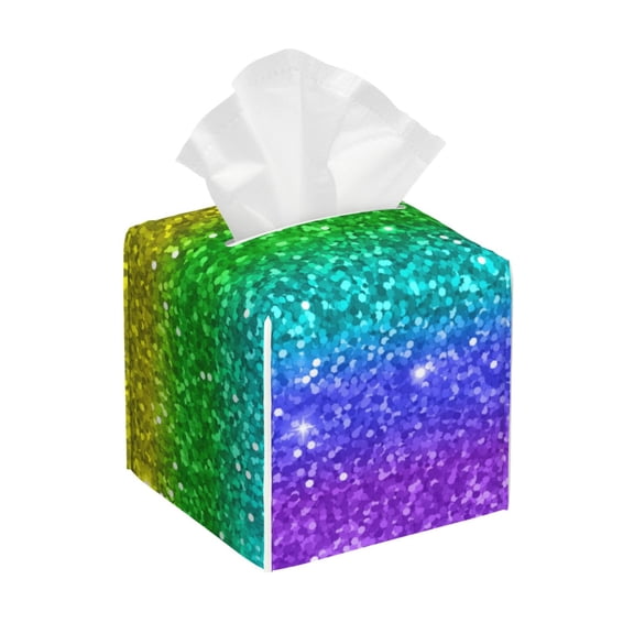 Tissue Glitter Rainbow Box Cover Holder, Square by Xecao - Leather Decorative Organizer for Tabletop, Bathroom, Car, Office
