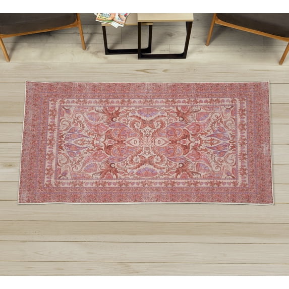 Oriental Decorative Rug, Bohemian Asian Culture Flowers Folk Artwork Traditional Floral Design, Quality Carpet for Bedroom Dorm and Living Room, 6 Sizes, Pale Pink, by Ambesonne