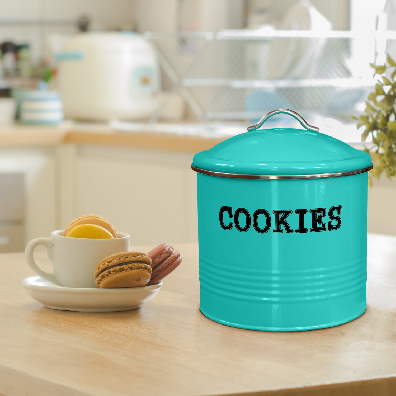 Biscuit Tin Storage Cookie Jar Canister Kitchen Metal Black Pink Blue Grey NEW 