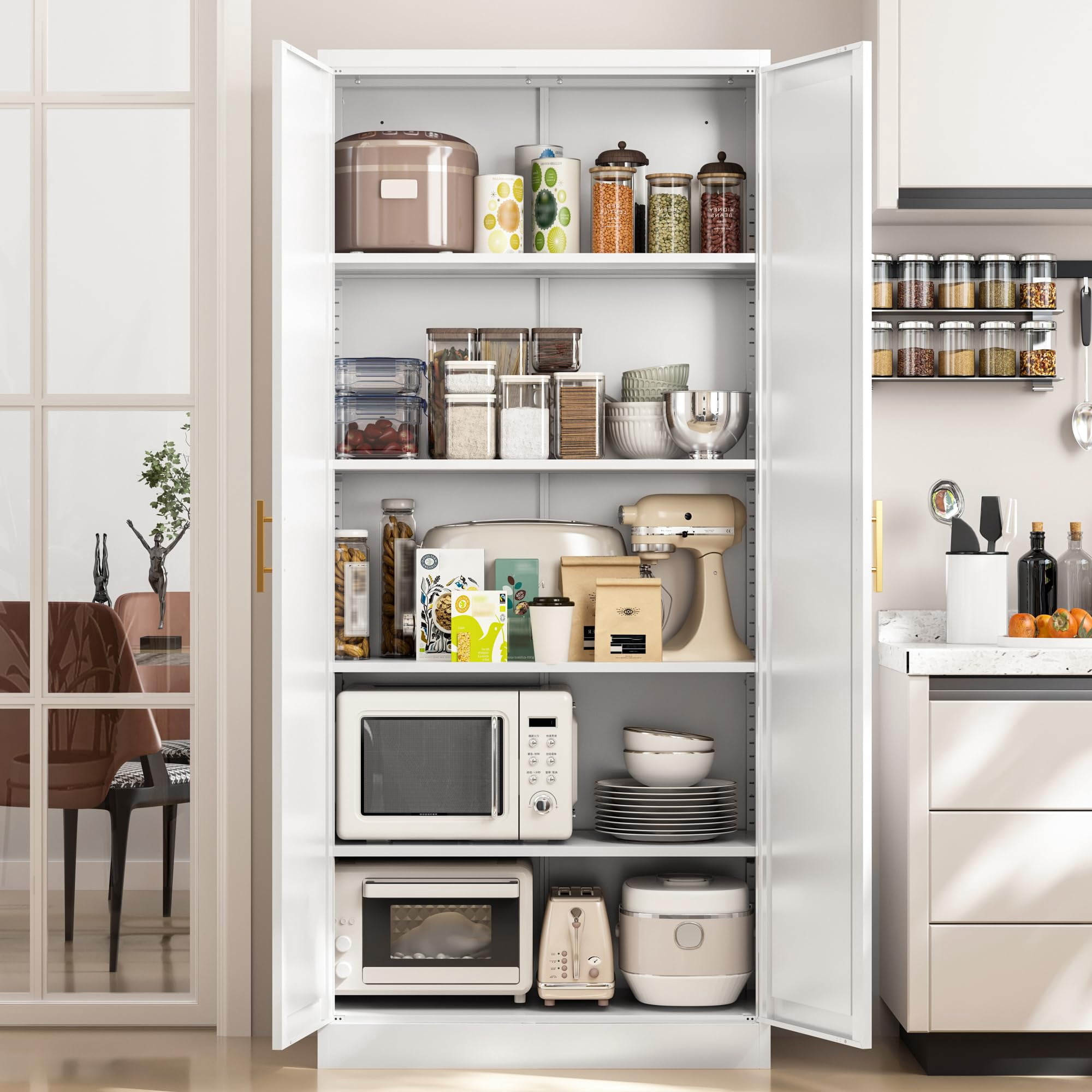 Kitchen Pantry Cabinet,71” Metal Tall Pantry Storage Cabinet with Doors and 4 Adjustable Shelves,Kitchen Storage Cabinets White Freestanding Food Cabinet for Pantries, Kitchen, Dining Room