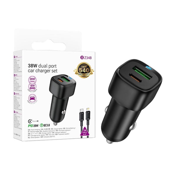 38W Dual Port Car Charger USB-C PD3.0 20W USB-A QC3.0 18W - Compact Design, 1M Cable Included, 540-Day Warranty for Cars/Trucks
