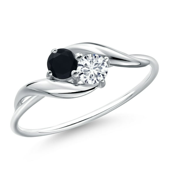 Gem Stone King 10K White Gold Round Black Onyx and White Lab Grown Diamond Ring for Women (0.30 Cttw, Round 3.5MM, Gemstone December Birthstone, Size 5)