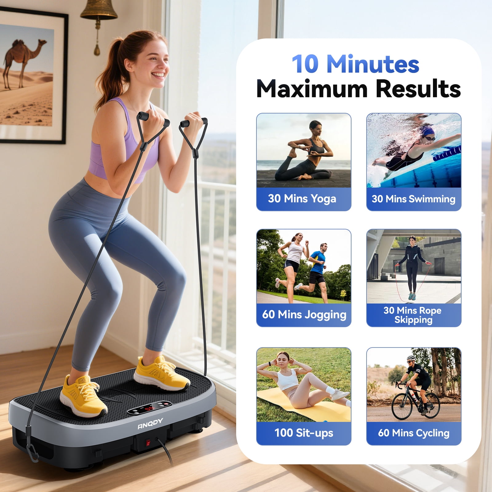 Anqdy Vibration Plate Exercise Machine for Home Fitness, Whole Body Vibrate Plate, 400 Lbs Capacity with Resistance Band LCD Display