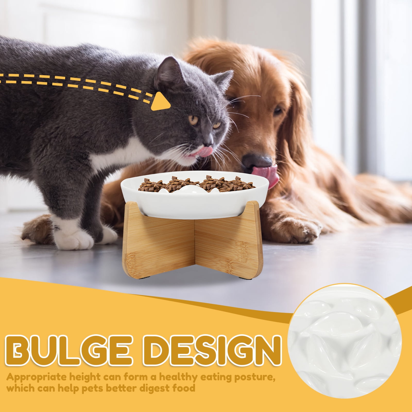 2Pcs Slow Feeder Cat Bowl with Wooden Stand Anti Vomiting and Non Slip Ceramic Raised Pet Food Bowl for Cat and Small Dog