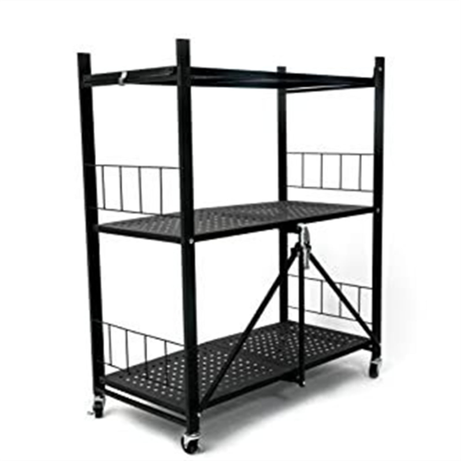 3Tier Foldable Storage Shelves With Wheels, Metal Folding Organizer