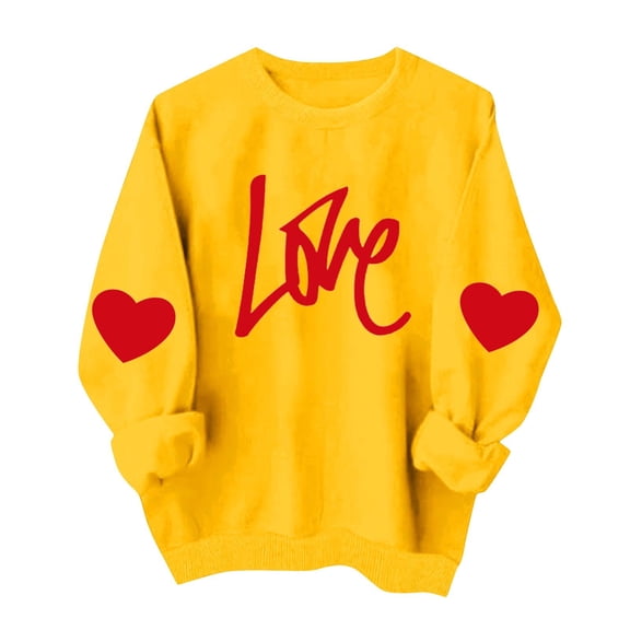Valentines Sweatshirts for Women Long Sleeve Crew Neck Love Heart Printed T-Shirt Casual Comfy Pullover Tops (XS, Yellow)
