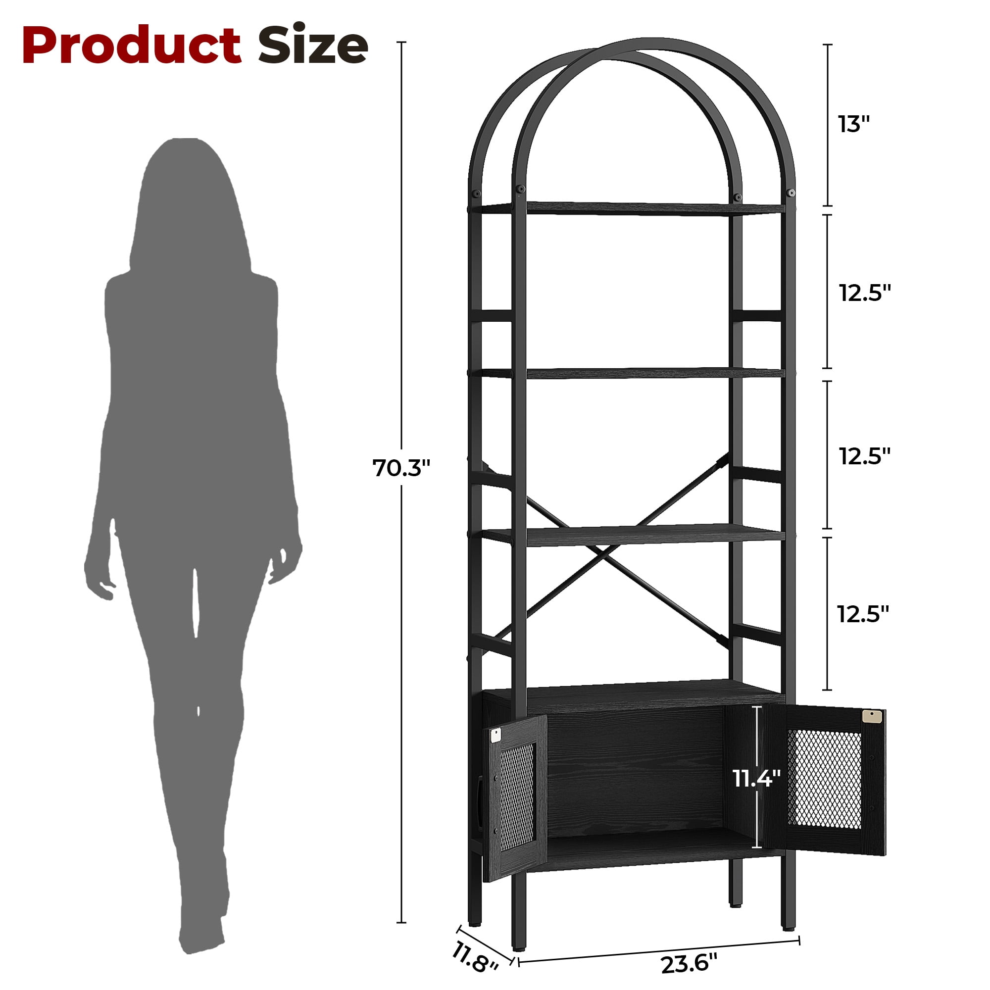 IRONCK 70.3" Tall Arched Bookshelf, 4-Tier Open Display Bookcases with Door Cabinet, Industrial Style Metal Storage Rack, Black