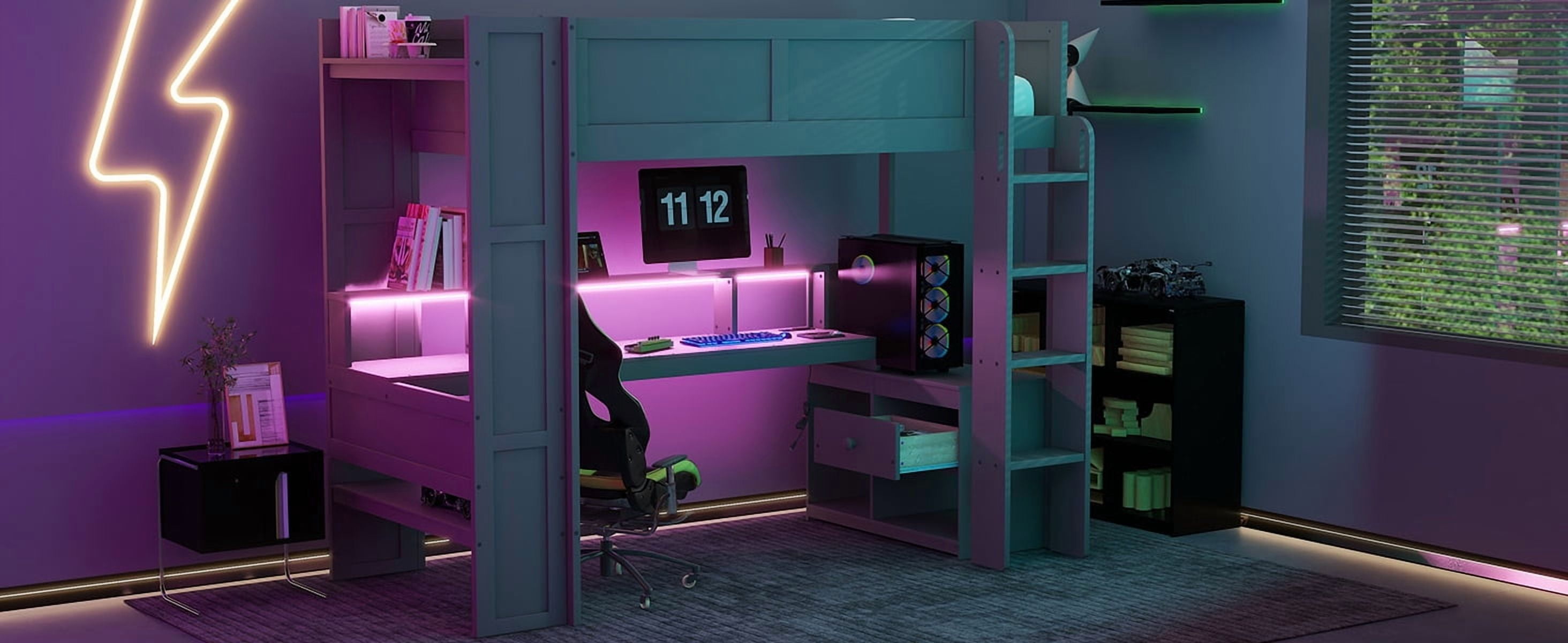 Homy Casa Wood Twin Size Gaming Loft Bed with Desk Shelves LED and Charging Station for Teen Bedrooms