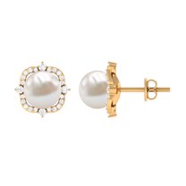 Rosec Jewels Classic Freshwater Pearl Stud Earrings with Diamond Halo (6.50 CT, AAA Quality), 10K Yellow Gold