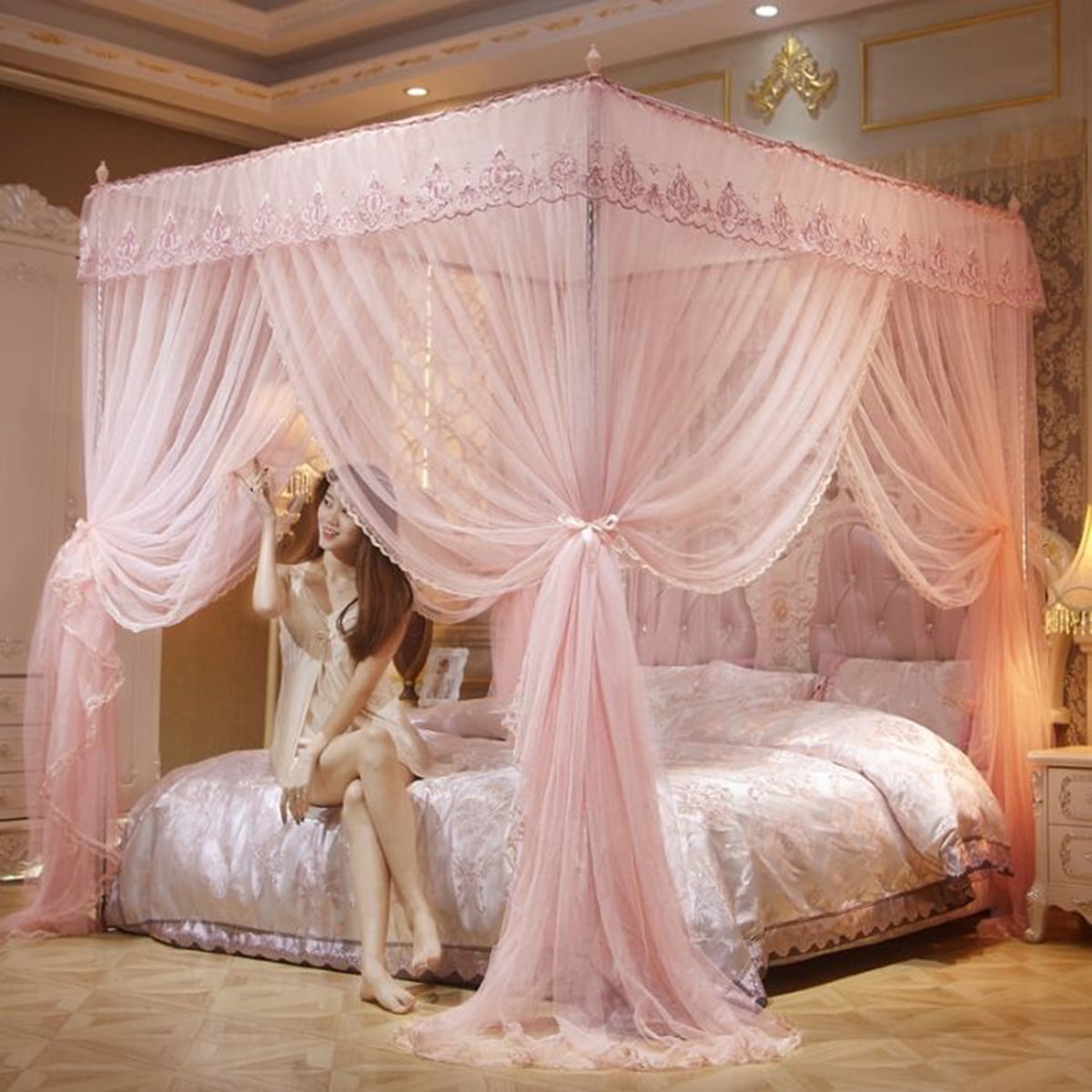 Twin, Pink Ruffle Princess 4 Corner Post Mosquito Net Bed Canopy for Girls Kids Toddlers Crib Bedroom Décor JQWUPUP Bed Curtains Canopy 