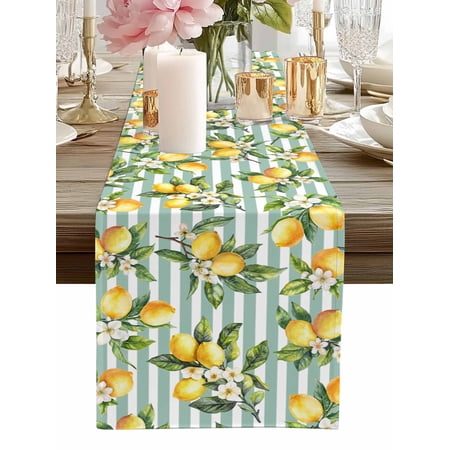 Table Runner Floral Lemon Table Runners Fruit Leaves Teal Green Stripes Cotton Linen Dresser Scarf Kitchen Dining Table Decor for Home Dinner Party Decor 13x36 Inch