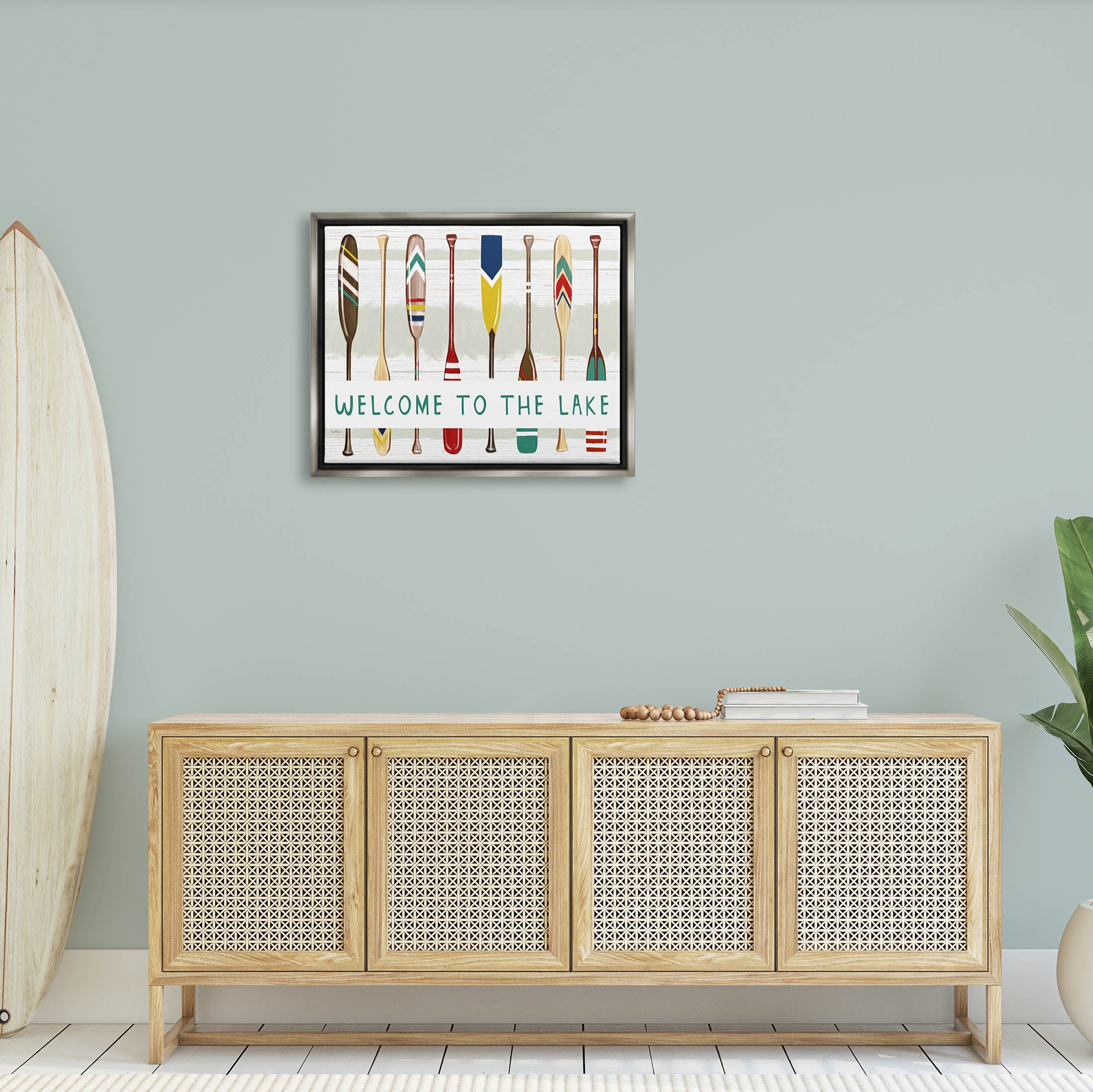Stupell Industries Lake House Welcome Boat Paddles Graphic Art Luster Gray Floating Framed Canvas Print Wall Art, Design by Elizabeth Tyndall