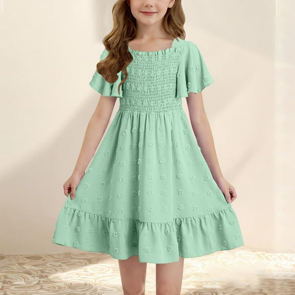 Spazoro Toddler Girls A-Line Dress, Casual Round Neck Solid Color Short Sleeve Princess Dresses for Child Girls Green Size 4 T