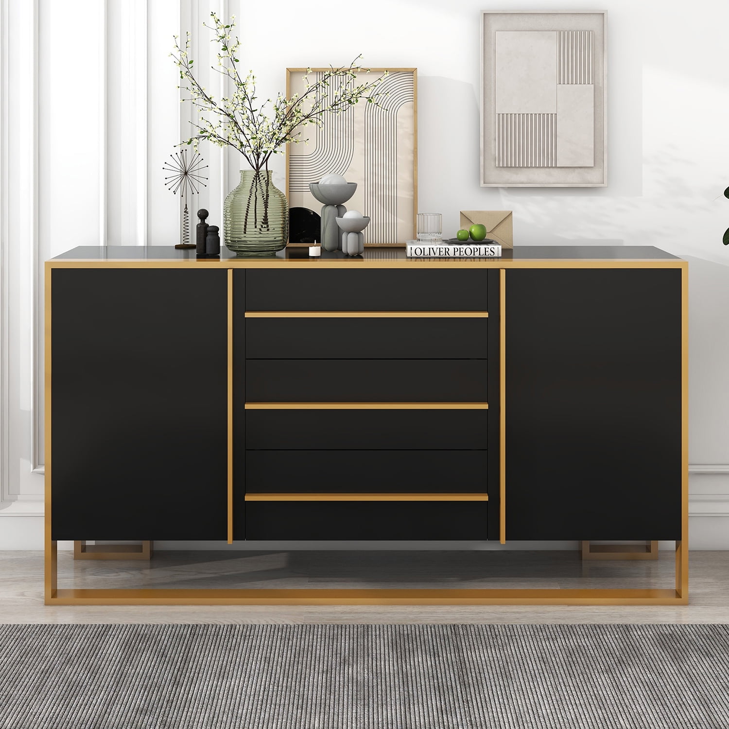 Kadyn 59"L Sideboard, Kitchen Storage Cabinet with Large Storage Space and Gold Metal Legs for Living Room, Black