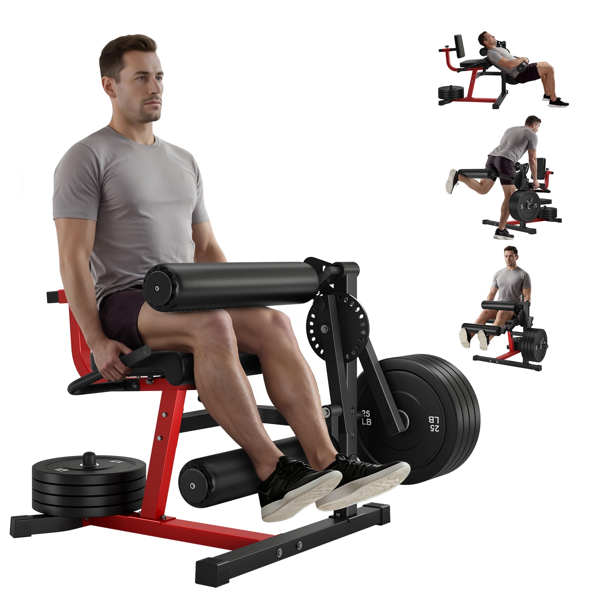 4 in 1 Leg Extension Leg Curl Machine, Plate Loaded Adjustable Lower Body Workout Machine with Exercise Bench, Home Gym Weight Machine for Leg Strength Training