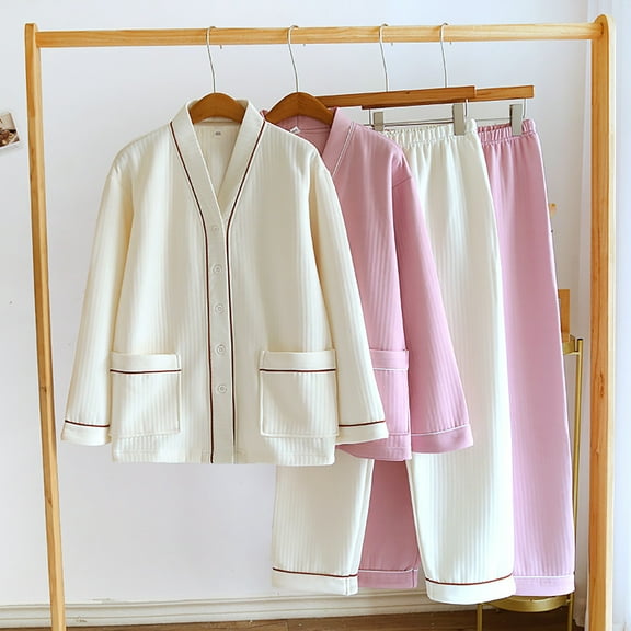 Feancey Thermal Pajama Sets for Women 2 Piece Long Sleeve Button Down Pjs and Loose Pants Loungewear Outfits Fall Winter Casual Sleepwear Set Christmas Beige M