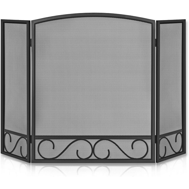 3 Panel Fireplace Screen Modern Foldable with Wrought Metal Decorative Mesh