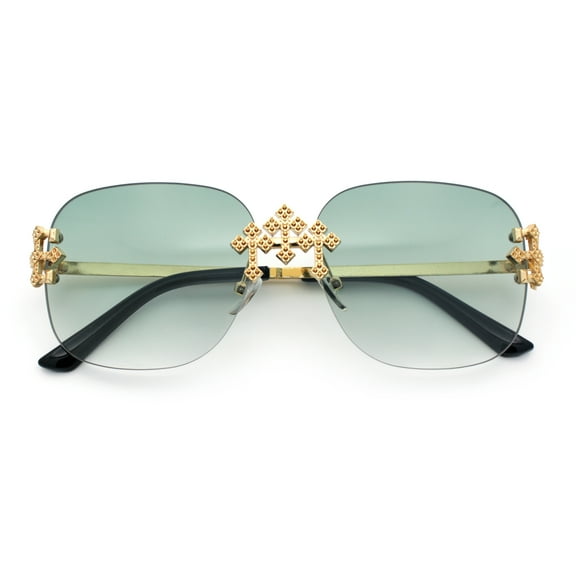 Womens Crucifix Cross Bling Rimless Rectangular Metal Frame Sunglasses Gold - Green