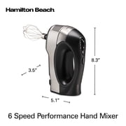 Hamilton Beach Electric Hand Mixer, 6-Speed Corded, 300 W, 5 Attachments and Snap-On Storage, Stainless Steel/Black