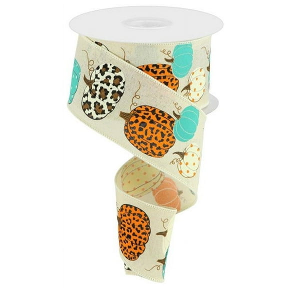 Leopard Patterned Pumpkins on Canvas Wired Edge Ribbon, 10 Yards (Cream, Turquoise, 2.5 Inch)