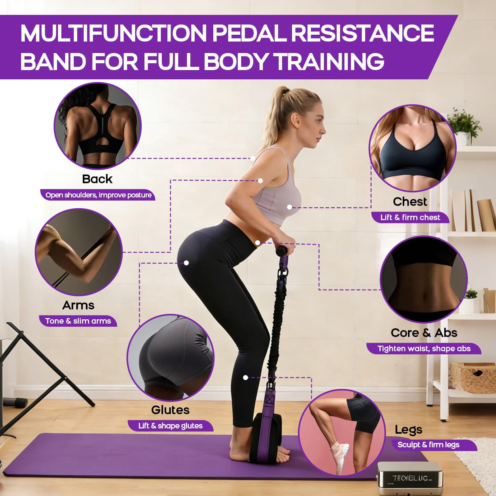 Multifunction Pedal Resistance Band with Handle, 3 Tube Adjustable 30/40/50LB Foot Pedal Puller Resistance Bands with Poster, Extended Length Tension Rope for Men Women Full Body Workout Home Gym