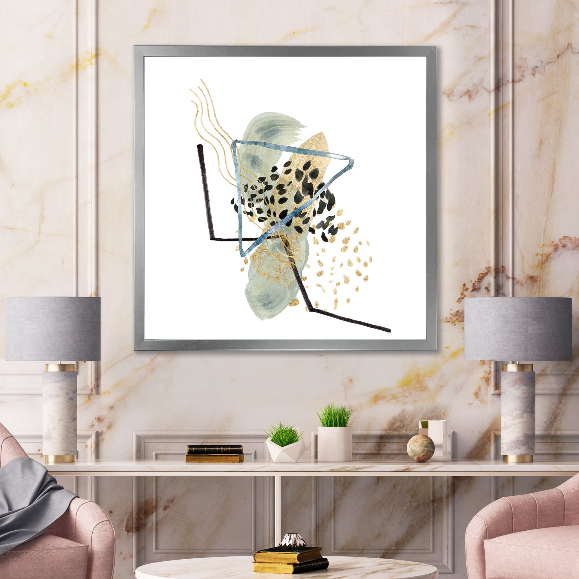 Designart 'Minimalistic Golden Polka Dots and Ink Mountains' Modern Framed Art Print